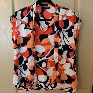 Nine West Bold Orange/Blue/White Floral Print Blouse